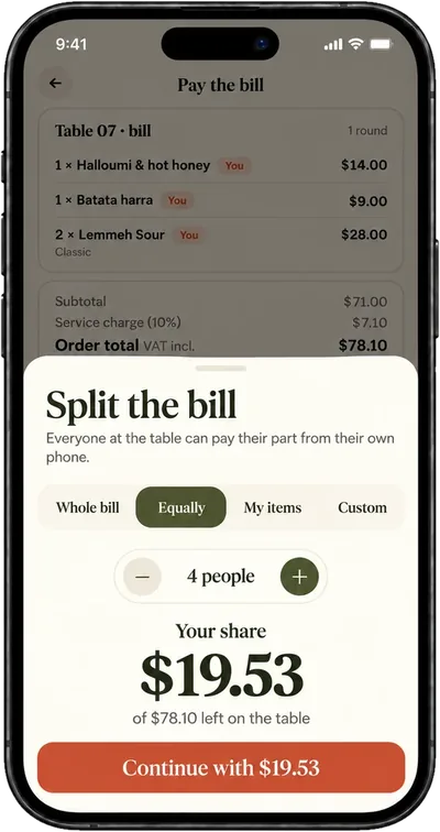تقسيم الفاتورة على أربعة: $19.53 لكل شخص من $78.10.